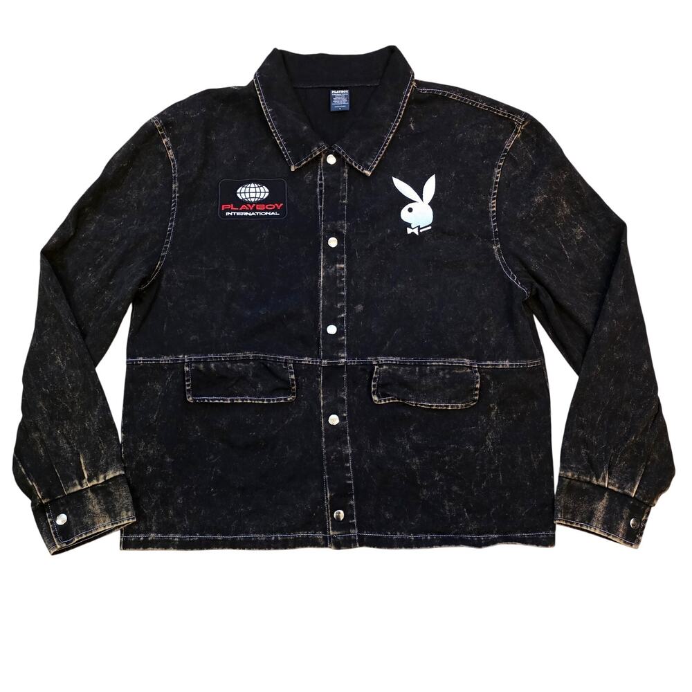 Playboy Denim Trucker Jacket Mens L Black Bunny Logo Graphic Streetwear